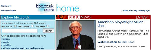 The death of Arthur Miller announced as Breaking News on the bbc.co.uk homepage